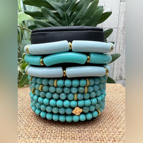 Boho Chic Teal Stackable Bead Bracelet Set - Stylish Dressy Bracelet Set - Picture 11 of 13
